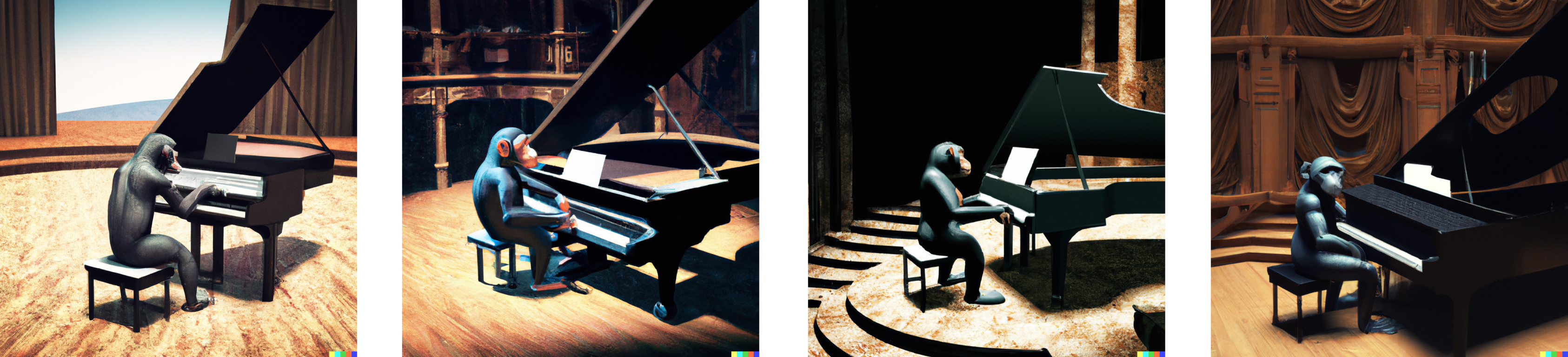 Images generated with Dall-E 2 on the caption <em>&lsquo;A chimpanzee playing piano on the stage of a modern opera house, photorealistic&rsquo;</em>.