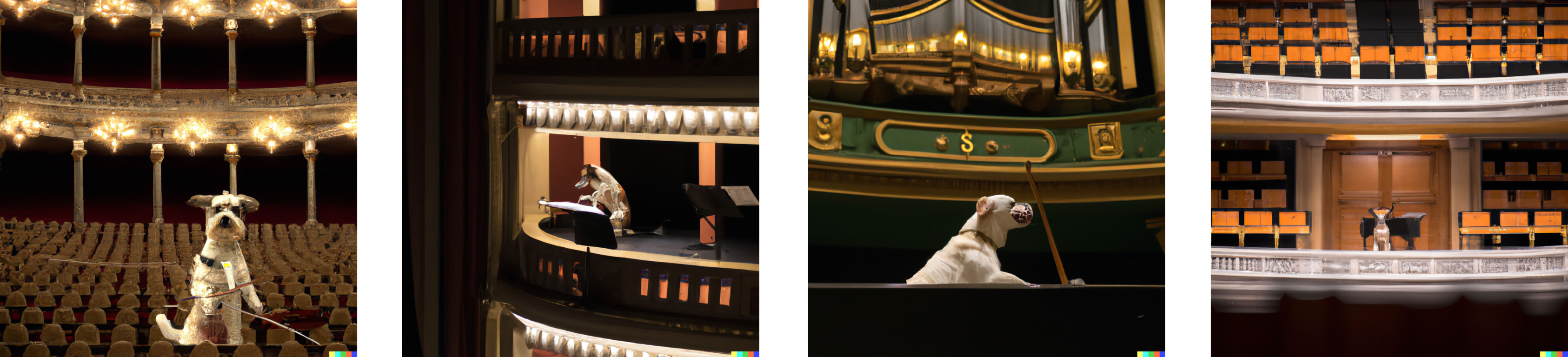 Images generated with Dall-E 2 on the caption &lsquo;A dog playing music in an opera house&rsquo;.