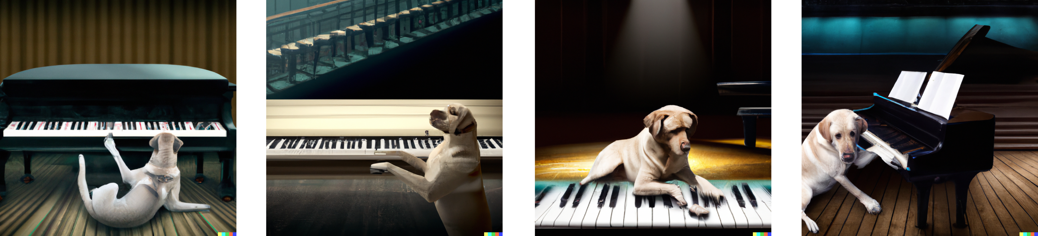 Images generated with Dall-E 2 on the caption <em>&lsquo;A Labrador pressing piano keys with his paws, on the stage of a modern opera house, photorealistic&rsquo;</em>.