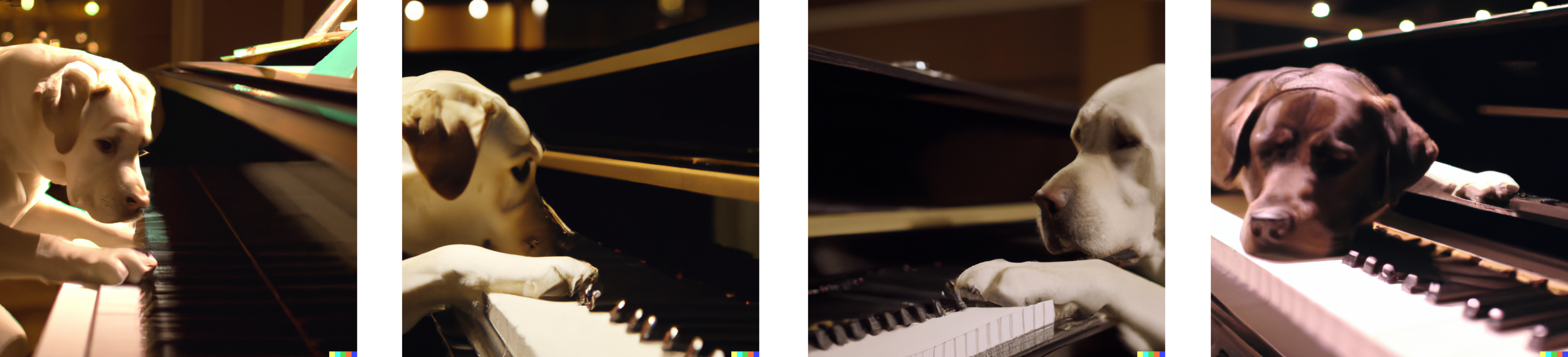 Images generated with Dall-E 2 on the caption <em>&lsquo;A Labrador pressing piano keys with his paws, on the stage of a modern opera house, 4k, sigma 50mm&rsquo;</em>.
