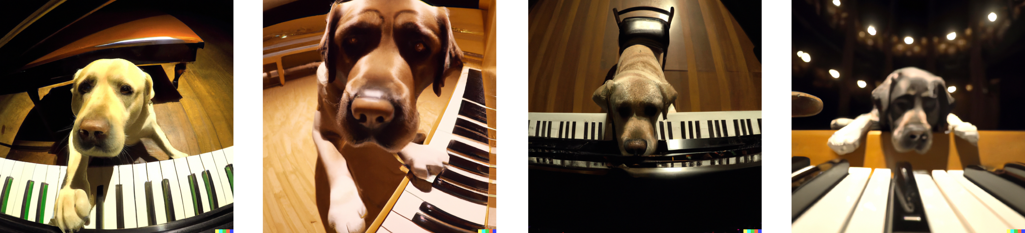 Images generated with Dall-E 2 on the caption <em>&lsquo;A Labrador pressing piano keys with his paws, on the stage of a modern opera house, 4k, sigma 50mm&rsquo;</em>.